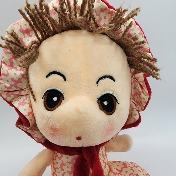 12" soft Plush Doll floral dress & Bonnet embroidered eyes Anime style face - Picture 5 of 10